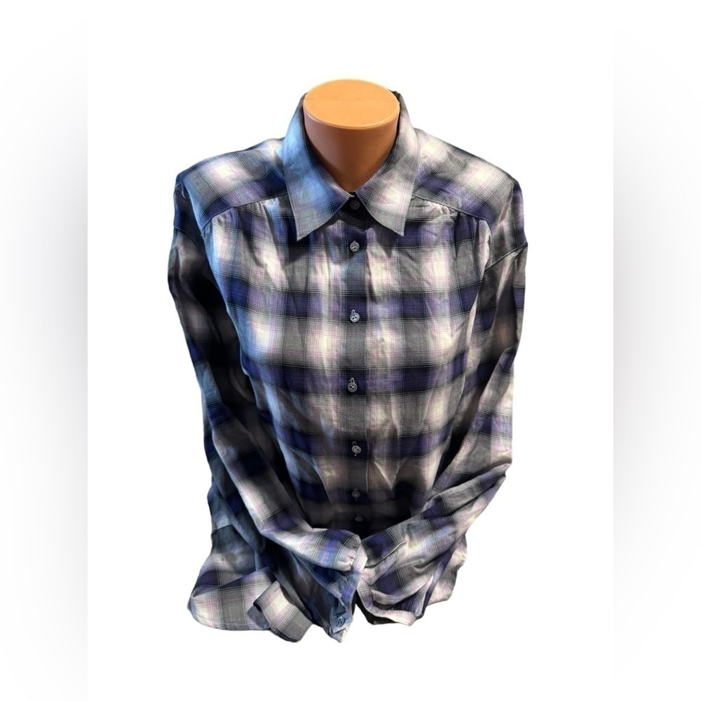 Vince Women’s Purple Pink Plaid Button Front Roll Tab Blouse Size Small Bohochic